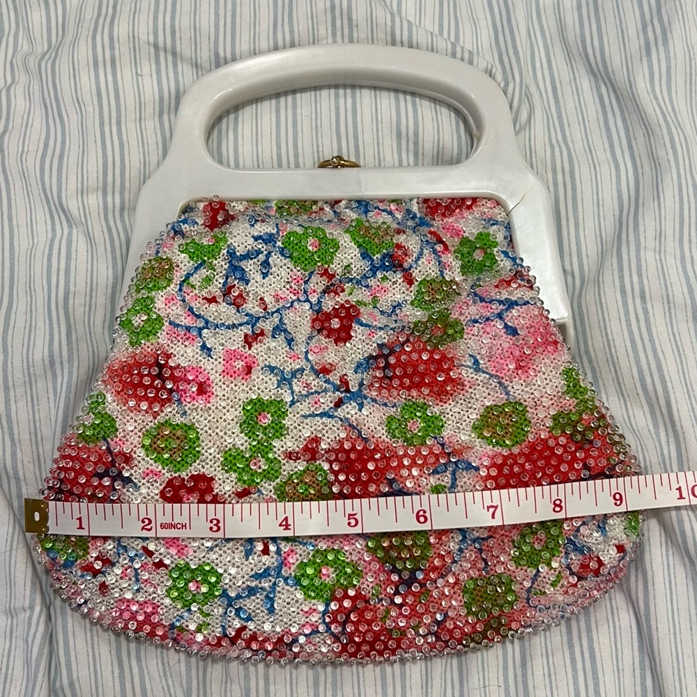 Beaded Handbag - White Plastic Handle - Vintage Pastel Pink
